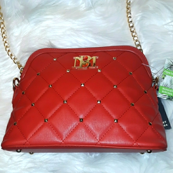 NWT☆BADGLEY MISCHKA☆Red Quilted Crossbody Dome studded Satchel☆Gorgeous!!! - Picture 13 of 16